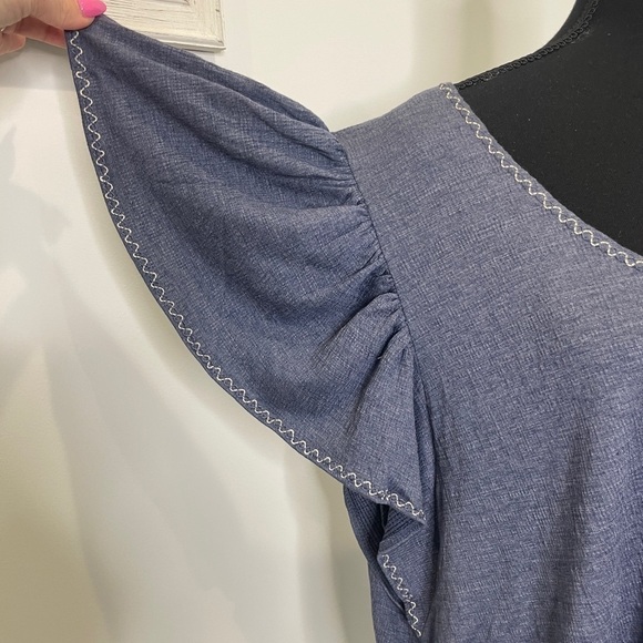 Max Studio Denim-Like Round Neck Short Ruffle Sleeve Top - Picture 3 of 8